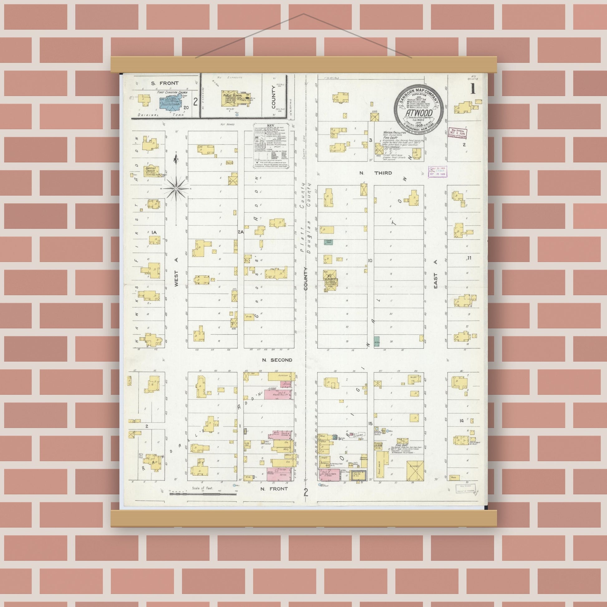 Old map wall art mockup — magnetic wood frame on brick wall — Sanborn Fire Insurance Map from Atwood, Douglas And Piatt Counties, Illinois (1909) - Complete Map Set