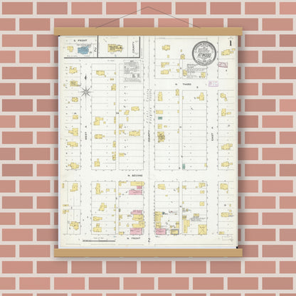 Old map wall art mockup — magnetic wood frame on brick wall — Sanborn Fire Insurance Map from Atwood, Douglas And Piatt Counties, Illinois (1909) - Complete Map Set