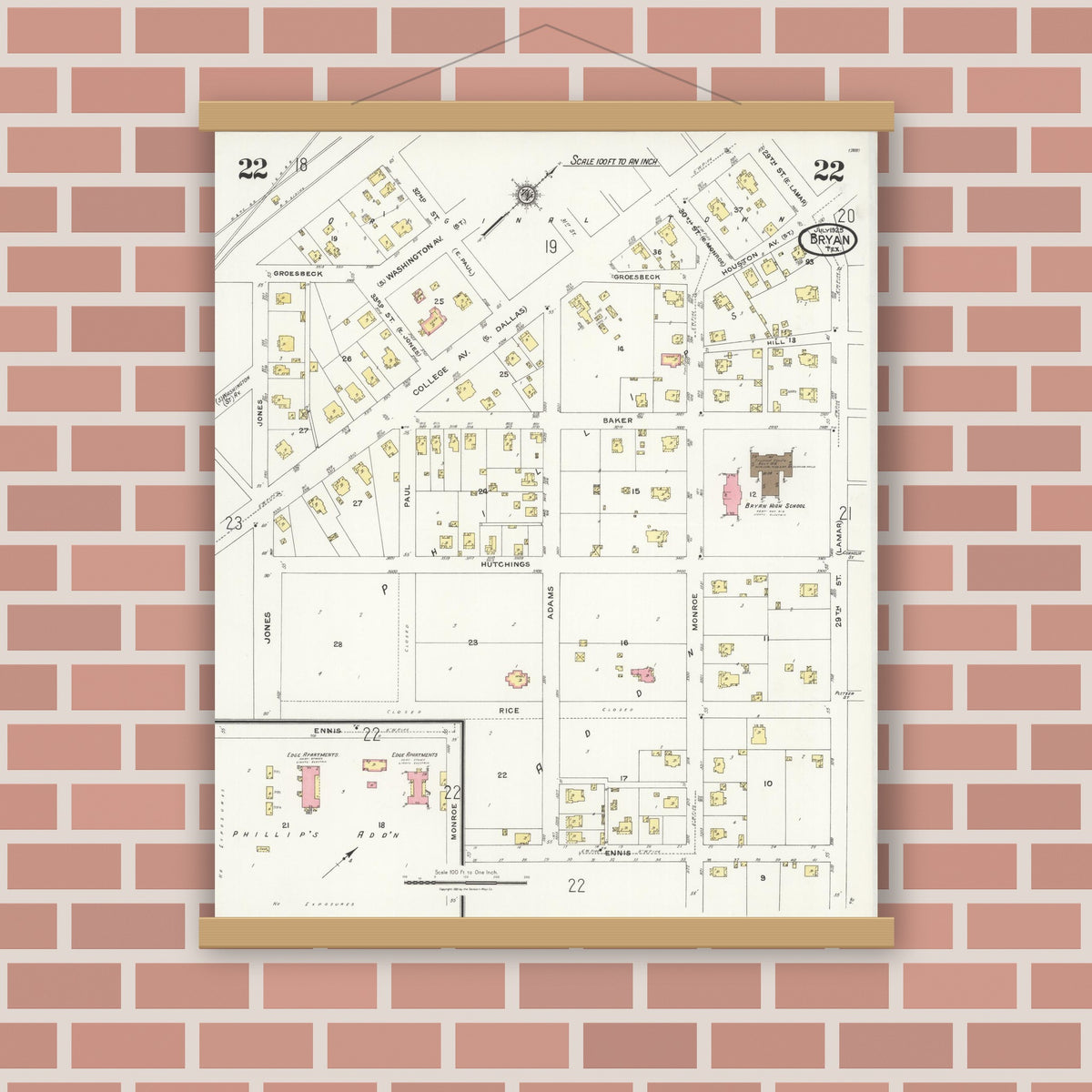 Old map wall art mockup — magnetic wood frame on brick wall — Sanborn Fire Insurance Map from Bryan, Brazos County, Texas (1925), Sheet #0022