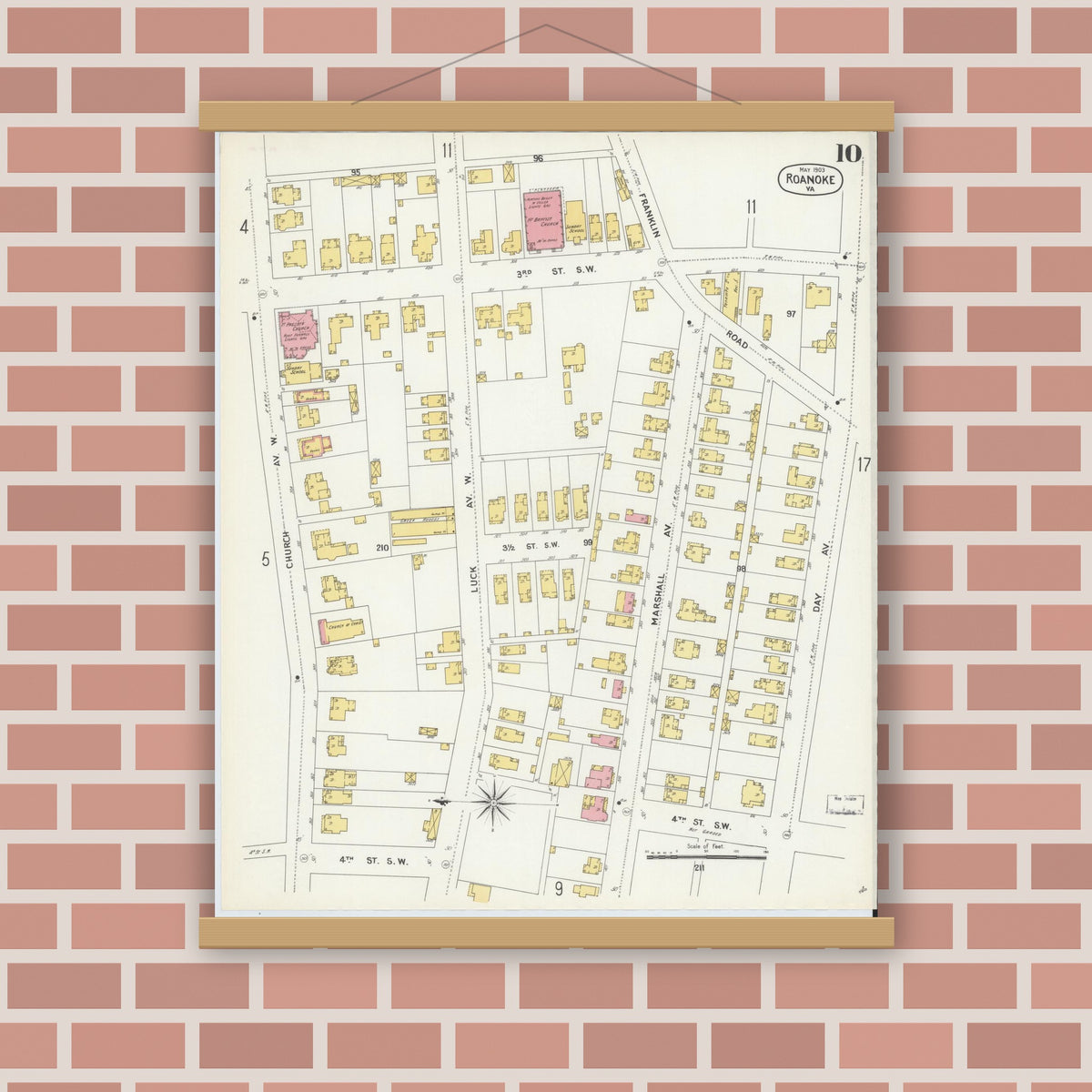 Old map wall art mockup — magnetic wood frame on brick wall — Sanborn Fire Insurance Map from Roanoke, Independent Cities, Virginia (1903), Sheet #0010