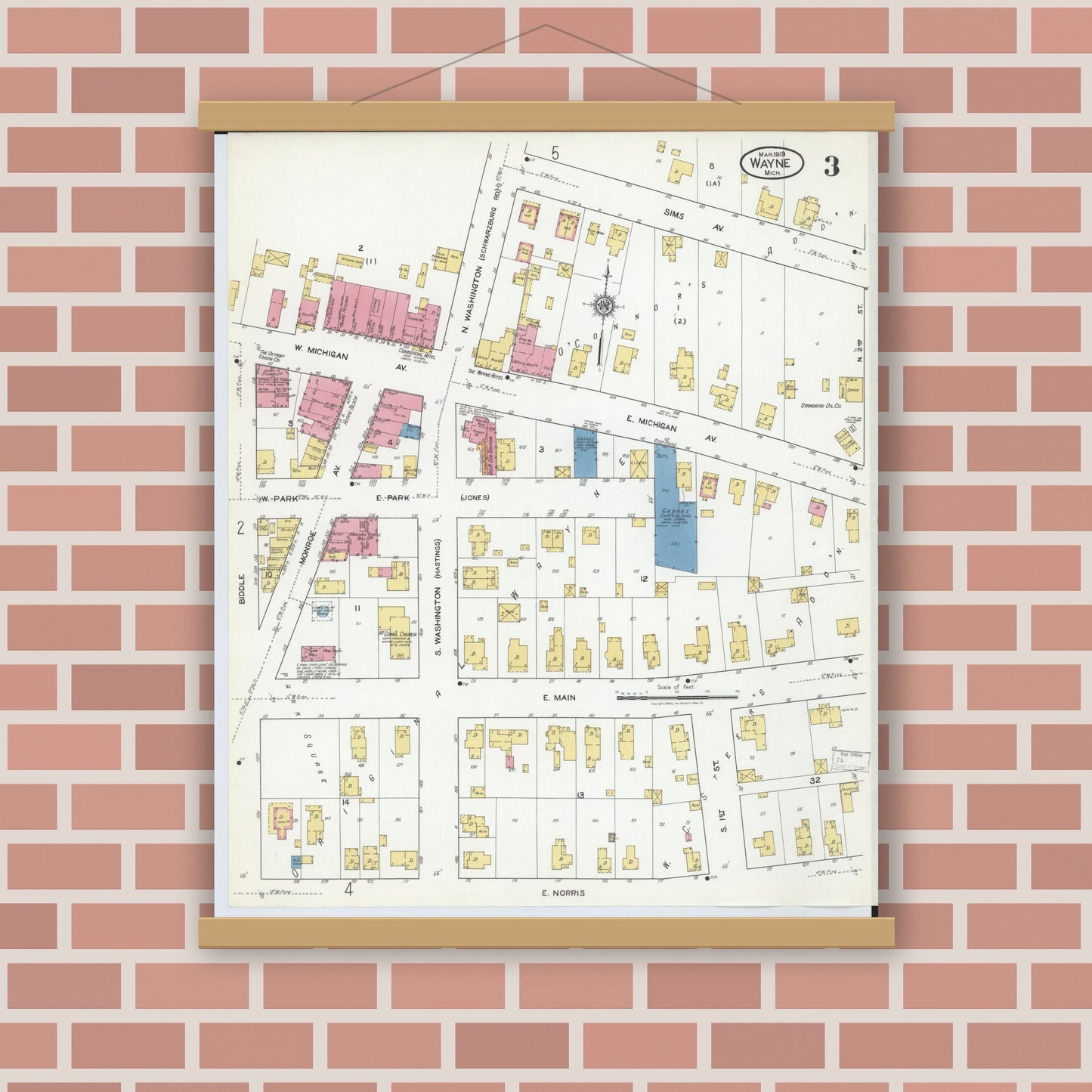 Old map wall art mockup — magnetic wood frame on brick wall — Sanborn Fire Insurance Map from Wayne, Wayne County, Michigan (1919), Sheet #0003