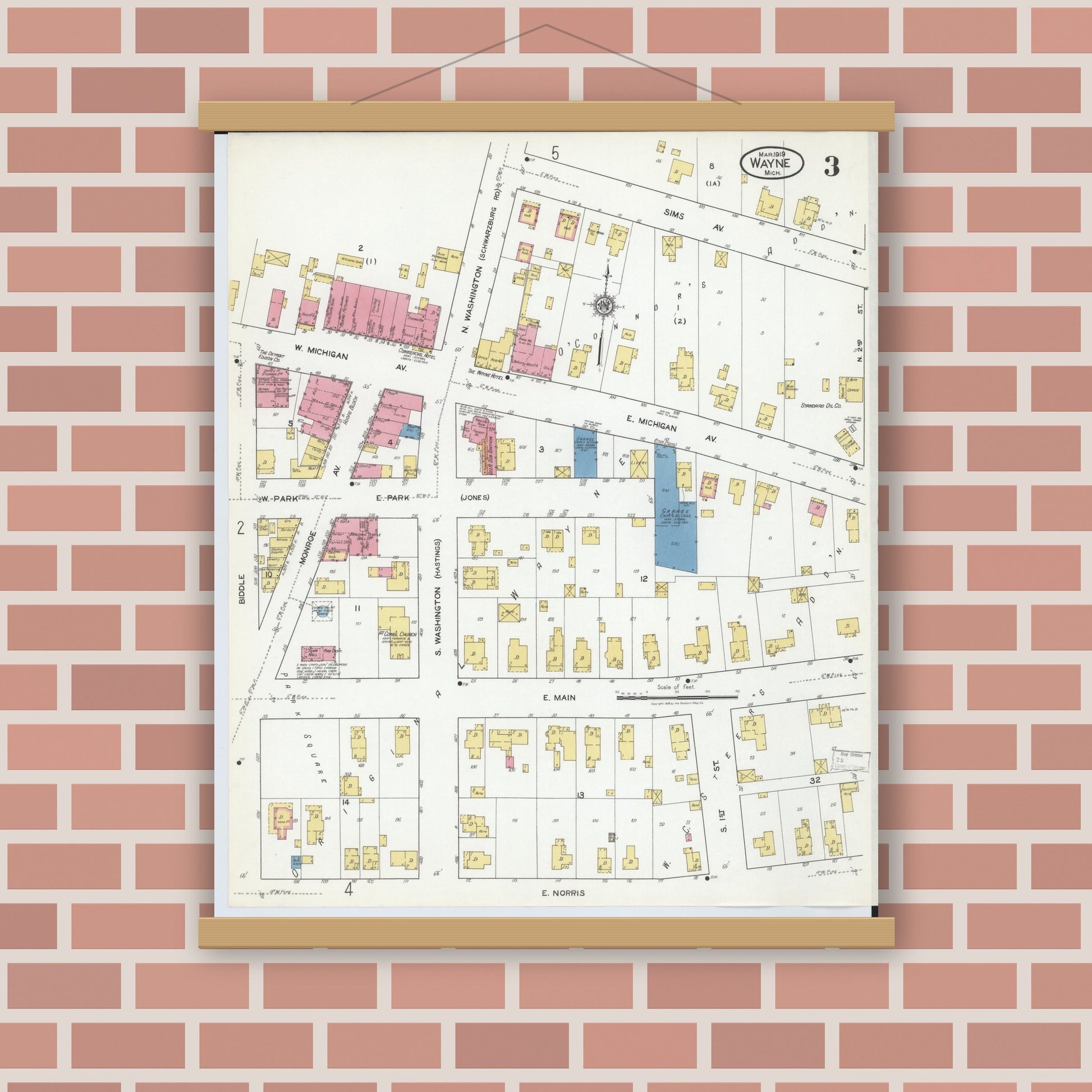 Old map wall art mockup — magnetic wood frame on brick wall — Sanborn Fire Insurance Map from Wayne, Wayne County, Michigan (1919), Sheet #0003