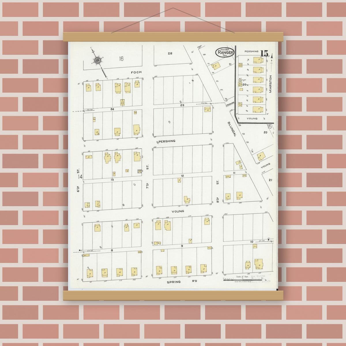 Old map wall art mockup — magnetic wood frame on brick wall — Sanborn Fire Insurance Map from Ranger, Eastland County, Texas (1920), Sheet #0015