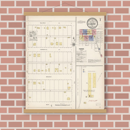 Old map wall art mockup — magnetic wood frame on brick wall — Sanborn Fire Insurance Map from El Centro, Imperial County, California (1910) - Complete Map Set