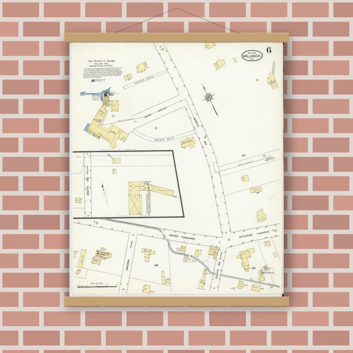 Old map wall art mockup — magnetic wood frame on brick wall — Sanborn Fire Insurance Map from Millbrook, Dutchess County, New York (1913), Sheet #0006