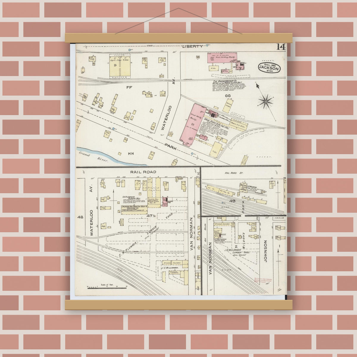 Old map wall art mockup — magnetic wood frame on brick wall — Sanborn Fire Insurance Map from Jackson, Jackson County, Michigan (1886), Sheet #0014