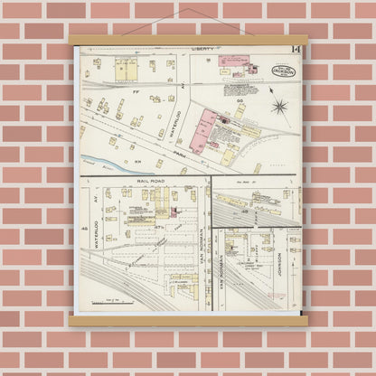 Old map wall art mockup — magnetic wood frame on brick wall — Sanborn Fire Insurance Map from Jackson, Jackson County, Michigan (1886), Sheet #0014
