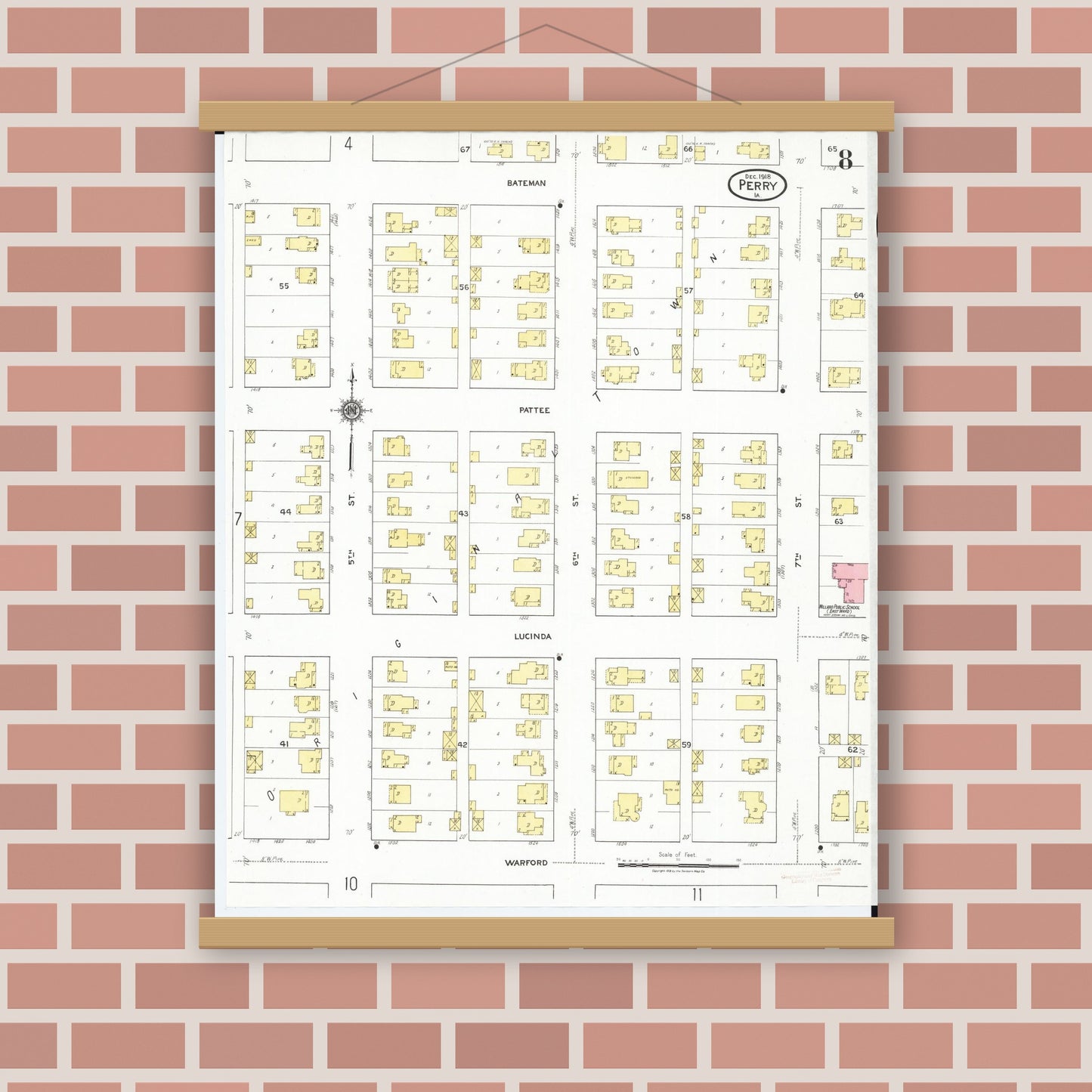 Old map wall art mockup — magnetic wood frame on brick wall — Sanborn Fire Insurance Map from Perry, Dallas County, Iowa (1918), Sheet #0008