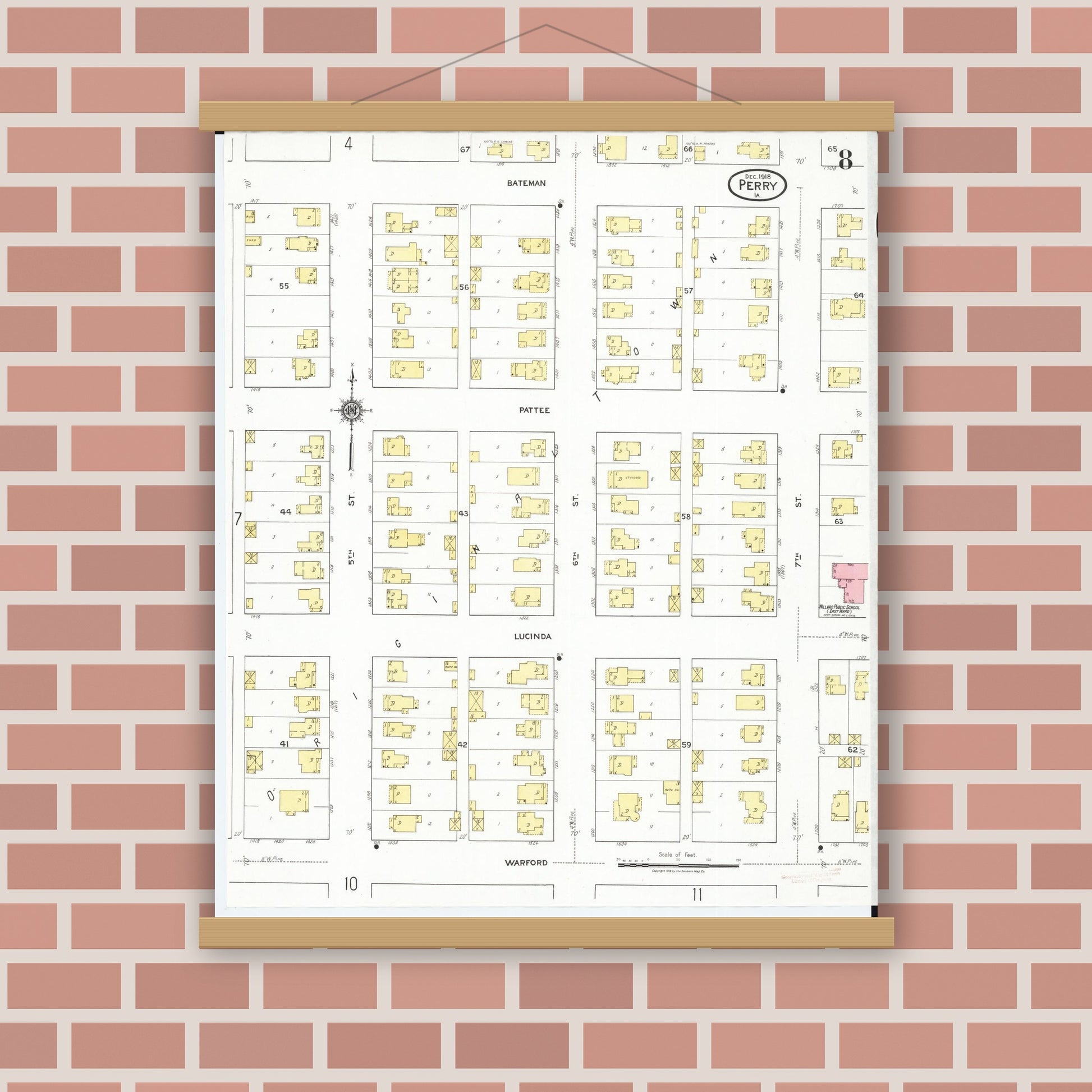 Old map wall art mockup — magnetic wood frame on brick wall — Sanborn Fire Insurance Map from Perry, Dallas County, Iowa (1918), Sheet #0008
