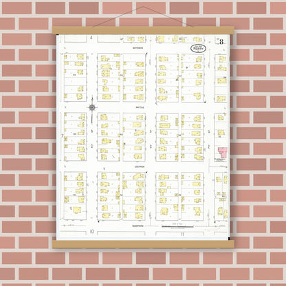 Old map wall art mockup — magnetic wood frame on brick wall — Sanborn Fire Insurance Map from Perry, Dallas County, Iowa (1918), Sheet #0008