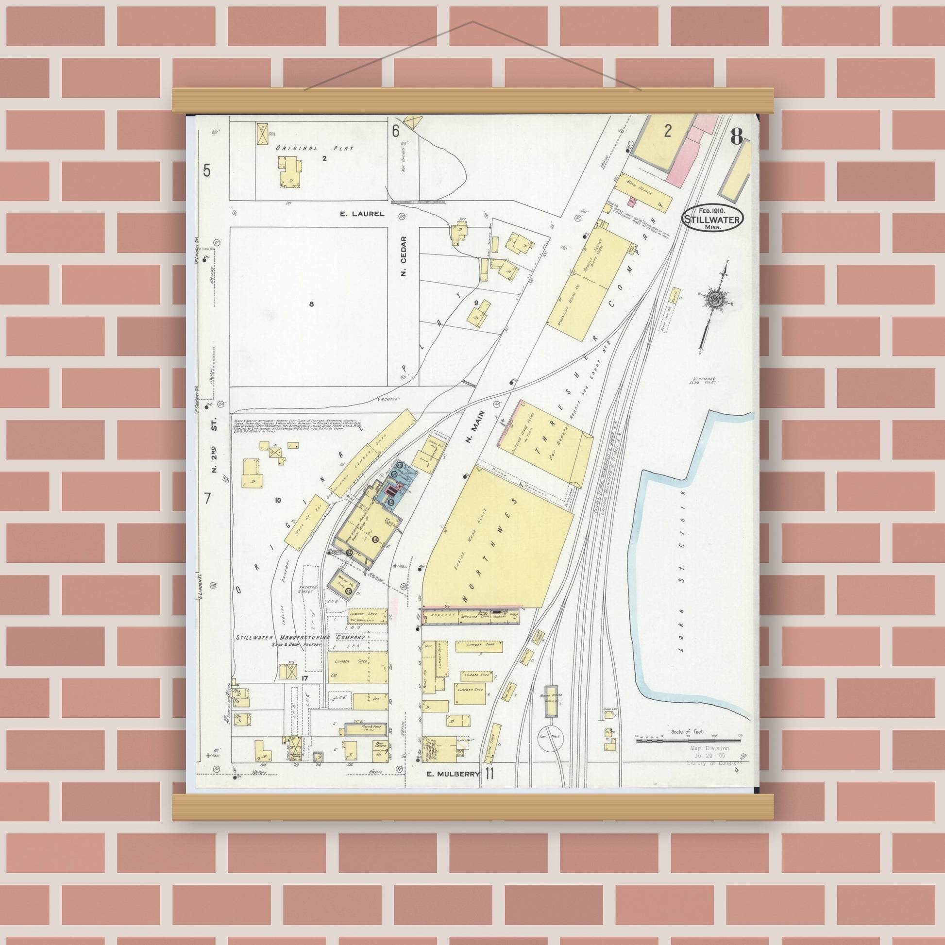 Old map wall art mockup — magnetic wood frame on brick wall — Sanborn Fire Insurance Map from Stillwater, Washington County, Minnesota (1910), Sheet #0008
