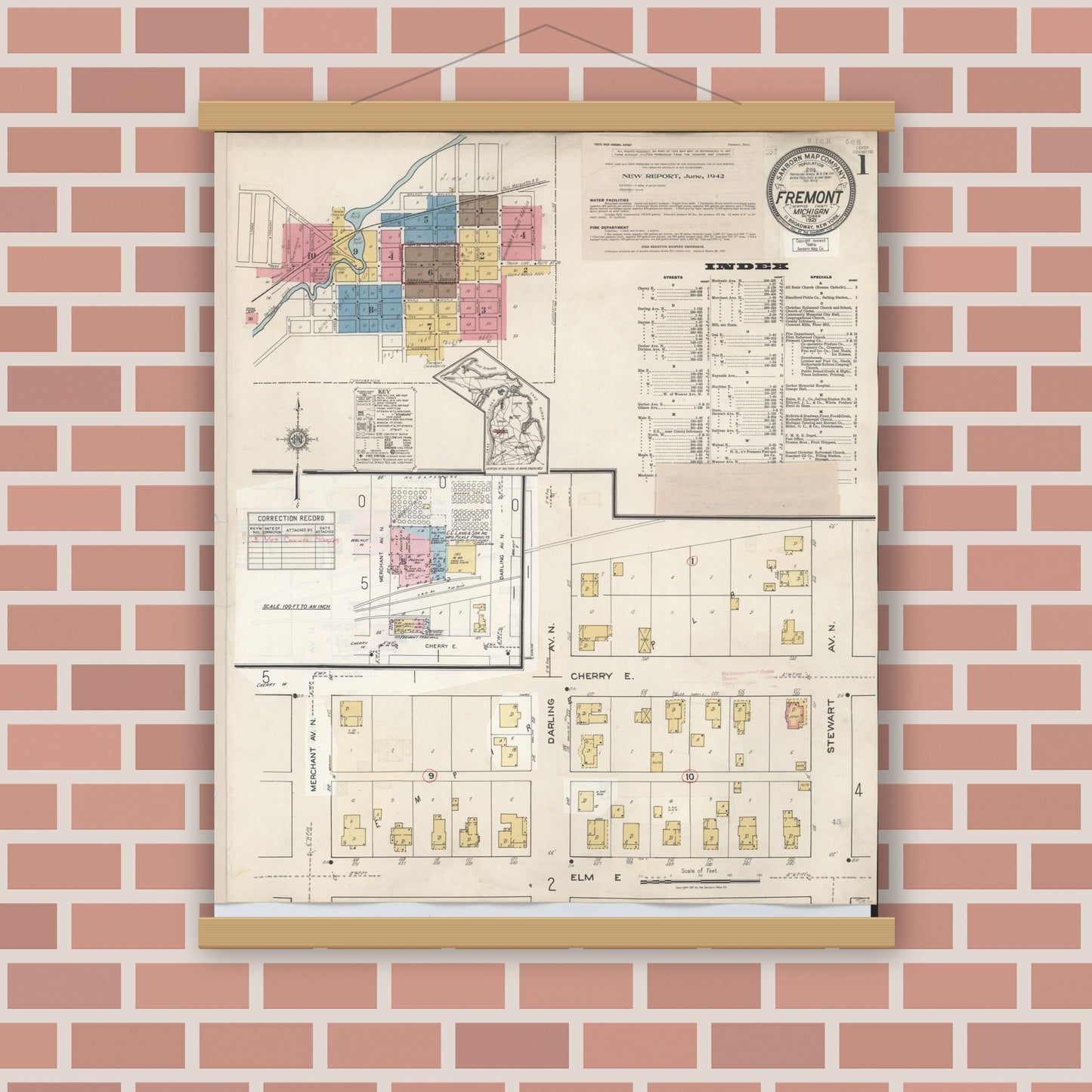 Old map wall art mockup — magnetic wood frame on brick wall — Sanborn Fire Insurance Map from Fremont, Newaygo County, Michigan (1949), Sheet #0001
