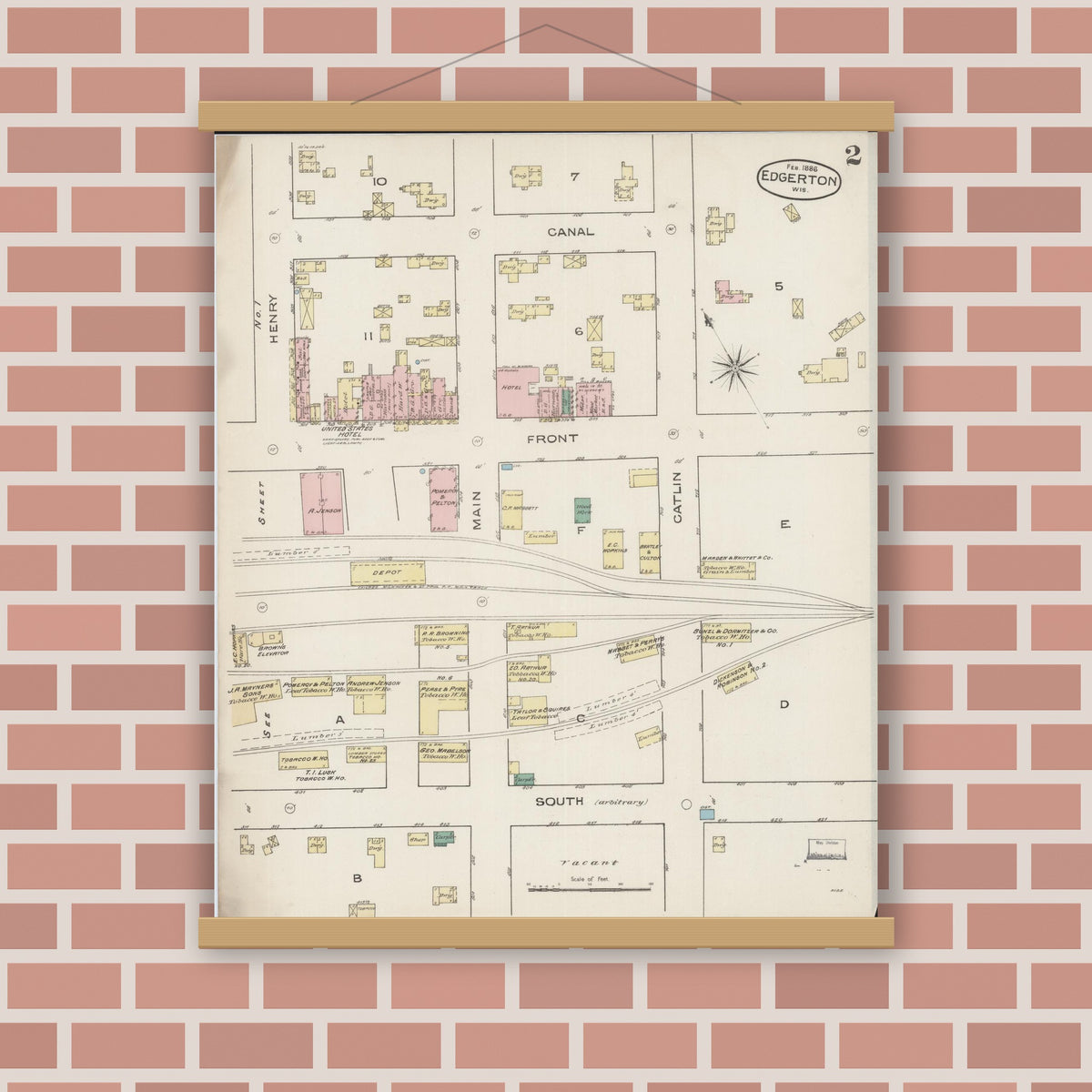 Old map wall art mockup — magnetic wood frame on brick wall — Sanborn Fire Insurance Map from Edgerton, Rock County, Wisconsin (1886), Sheet #0002