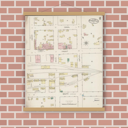 Old map wall art mockup — magnetic wood frame on brick wall — Sanborn Fire Insurance Map from Edgerton, Rock County, Wisconsin (1886), Sheet #0002