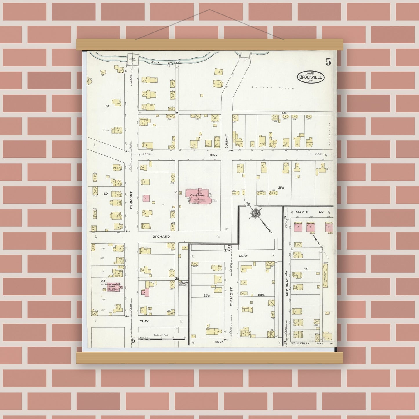 Old map wall art mockup — magnetic wood frame on brick wall — Sanborn Fire Insurance Map from Brookville, Montgomery County, Ohio (1911), Sheet #0005