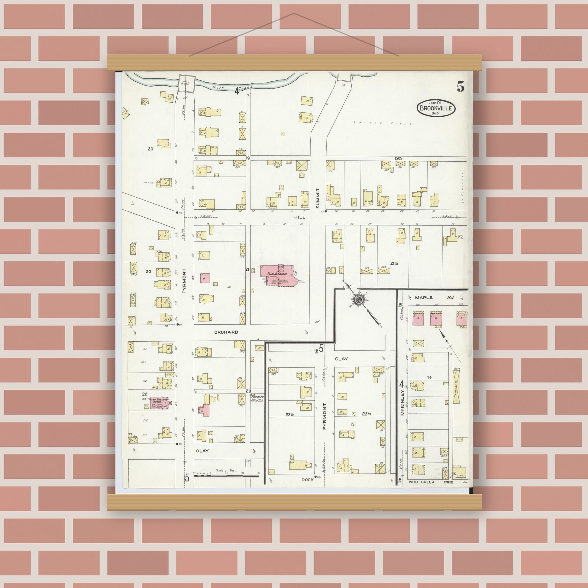 Old map wall art mockup — magnetic wood frame on brick wall — Sanborn Fire Insurance Map from Brookville, Montgomery County, Ohio (1911), Sheet #0005