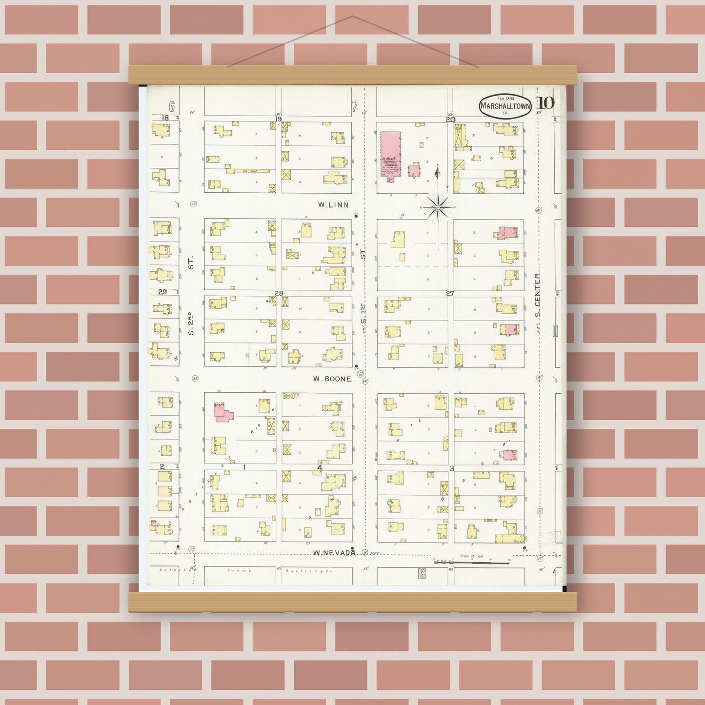 Old map wall art mockup — magnetic wood frame on brick wall — Sanborn Fire Insurance Map from Marshalltown, Marshall County, Iowa (1894), Sheet #0010