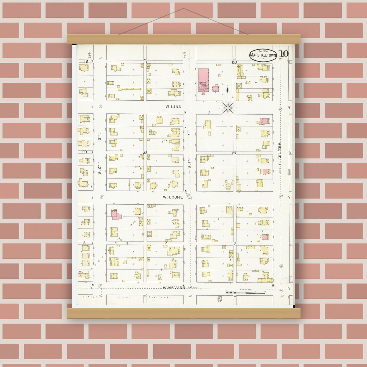 Old map wall art mockup — magnetic wood frame on brick wall — Sanborn Fire Insurance Map from Marshalltown, Marshall County, Iowa (1894), Sheet #0010