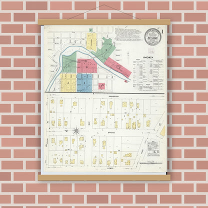 Old map wall art mockup — magnetic wood frame on brick wall — Sanborn Fire Insurance Map from Belding, Ionia County, Michigan (1908) - Complete Map Set