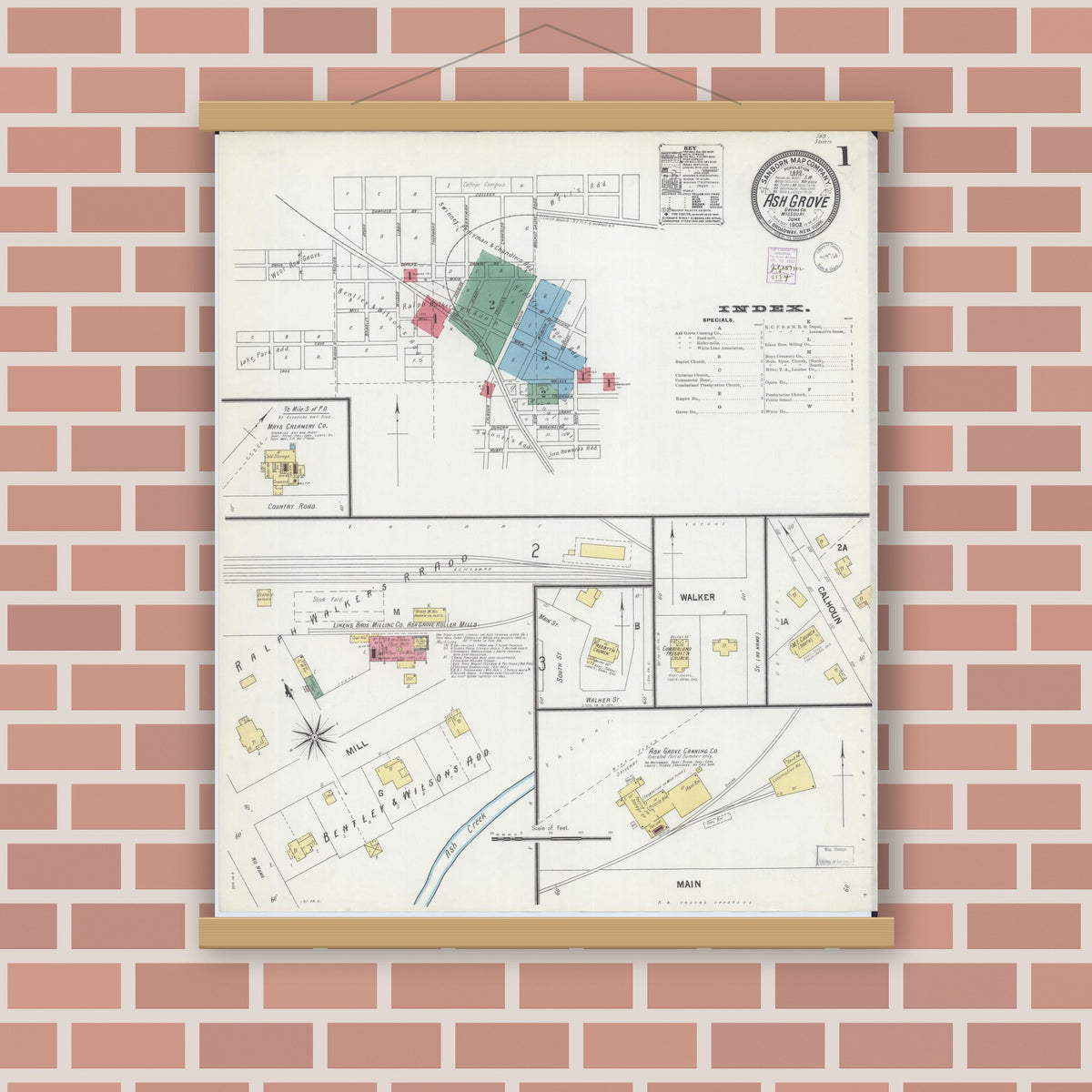 Old map wall art mockup — magnetic wood frame on brick wall — Sanborn Fire Insurance Map from Ash Grove, Greene County, Missouri (1902) - Complete Map Set