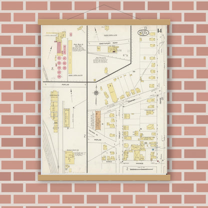 Old map wall art mockup — magnetic wood frame on brick wall — Sanborn Fire Insurance Map from Kane, McKean County, Pennsylvania (1915), Sheet #0014