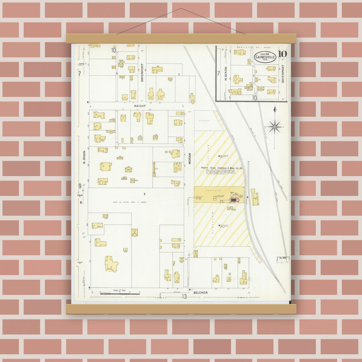 Old map wall art mockup — magnetic wood frame on brick wall — Sanborn Fire Insurance Map from Gainesville, Cooke County, Texas (1908), Sheet #0010