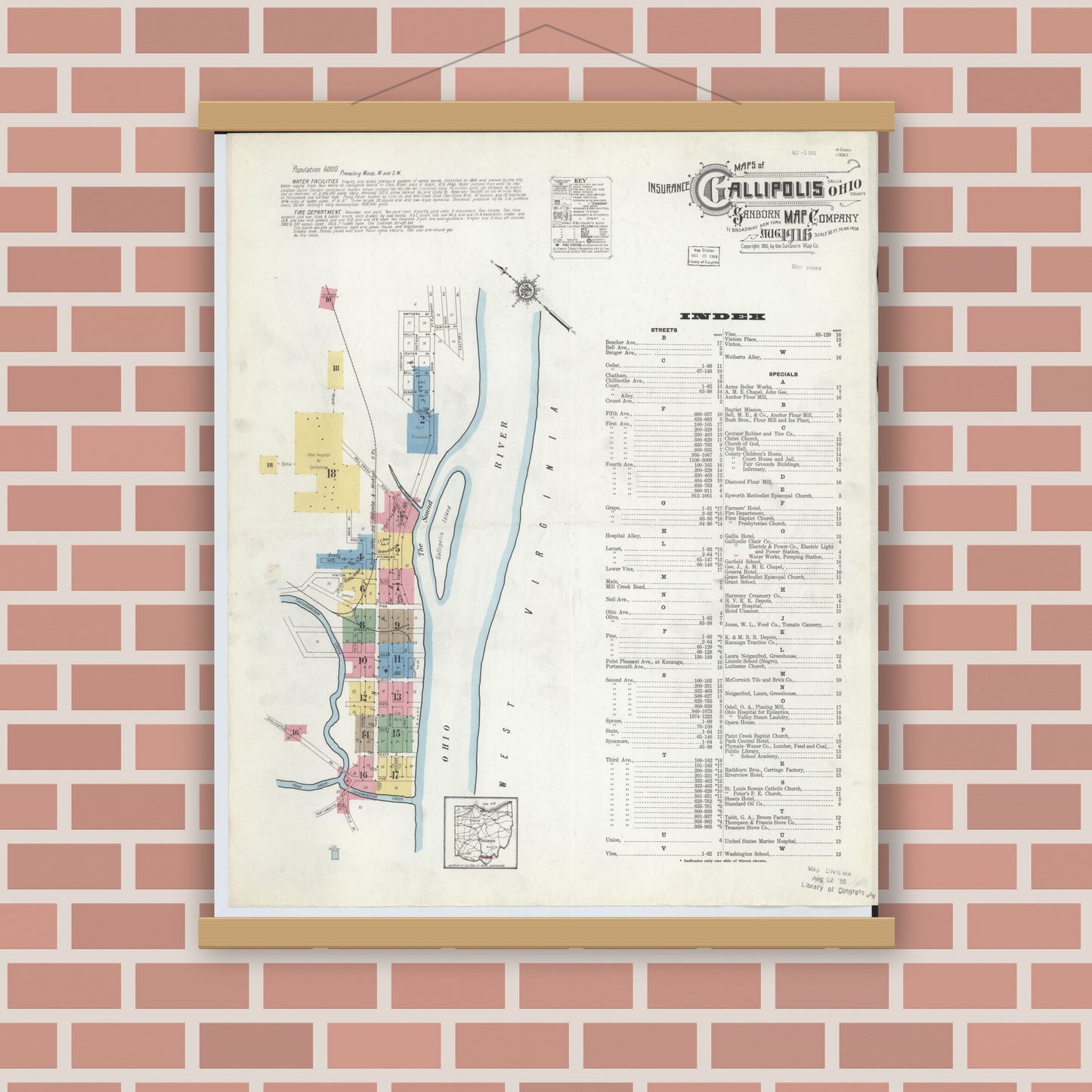 Old map wall art mockup — magnetic wood frame on brick wall — Sanborn Fire Insurance Map from Gallipolis, Gallia County, Ohio (1916) - Complete Map Set