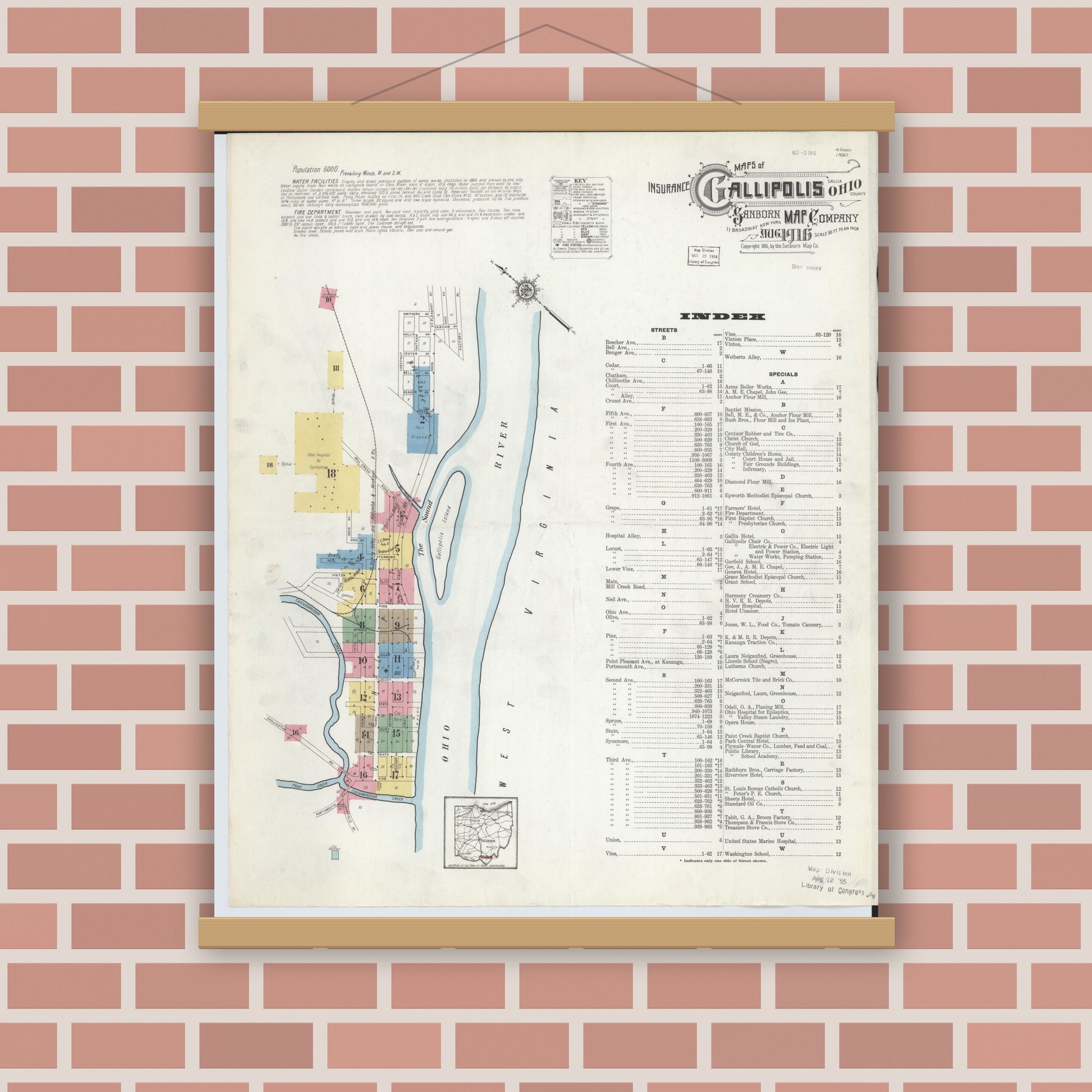 Old map wall art mockup — magnetic wood frame on brick wall — Sanborn Fire Insurance Map from Gallipolis, Gallia County, Ohio (1916) - Complete Map Set