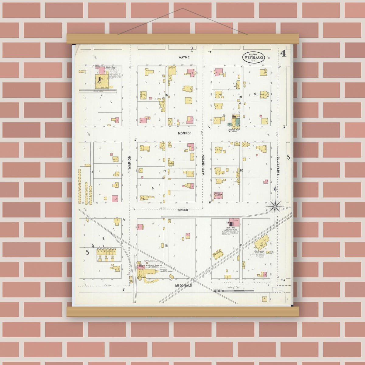 Old map wall art mockup — magnetic wood frame on brick wall — Sanborn Fire Insurance Map from Mount Pulaski, Logan County, Illinois (1900), Sheet #0004