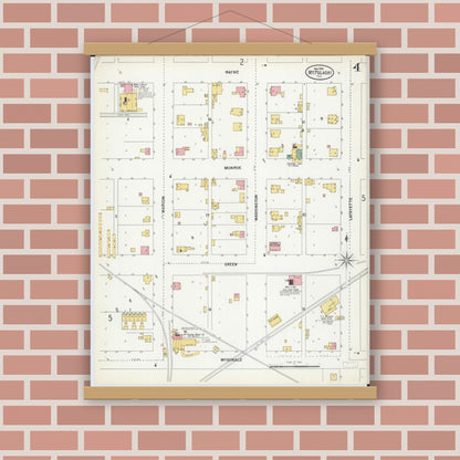 Old map wall art mockup — magnetic wood frame on brick wall — Sanborn Fire Insurance Map from Mount Pulaski, Logan County, Illinois (1900), Sheet #0004