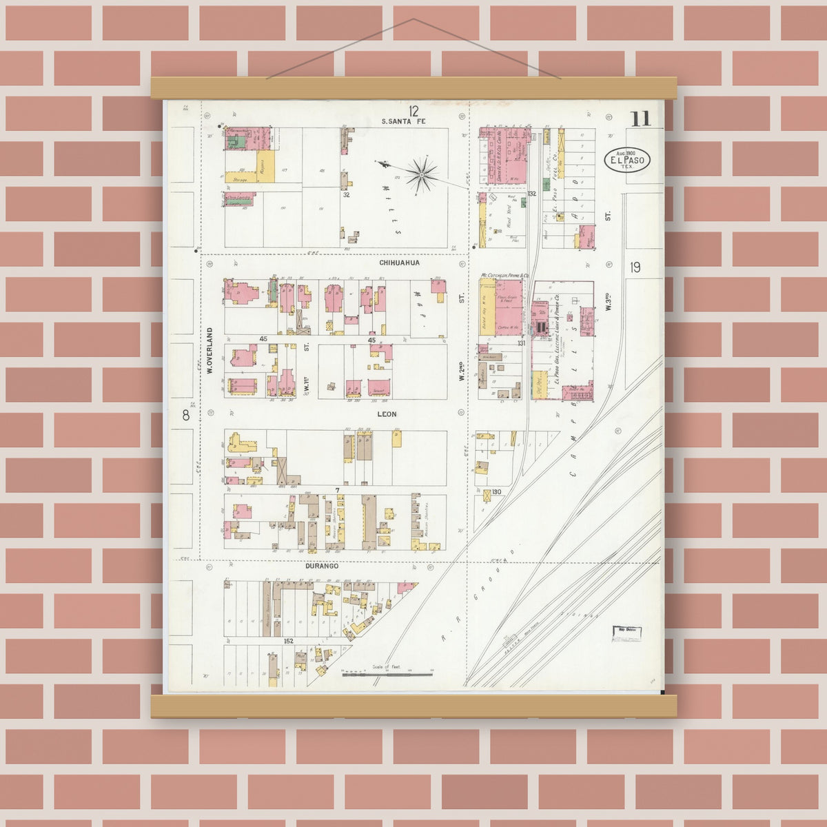 Old map wall art mockup — magnetic wood frame on brick wall — Sanborn Fire Insurance Map from El Paso, El Paso County, Texas (1900), Sheet #0011