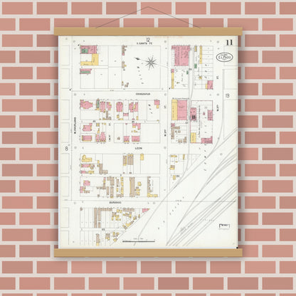 Old map wall art mockup — magnetic wood frame on brick wall — Sanborn Fire Insurance Map from El Paso, El Paso County, Texas (1900), Sheet #0011