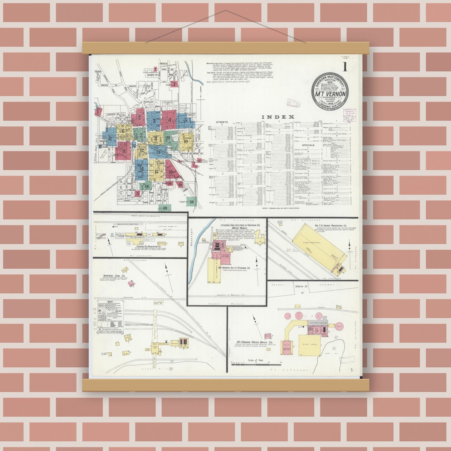 Old map wall art mockup — magnetic wood frame on brick wall — Sanborn Fire Insurance Map from Mount Vernon, Jefferson County, Illinois (1908), Sheet #0001