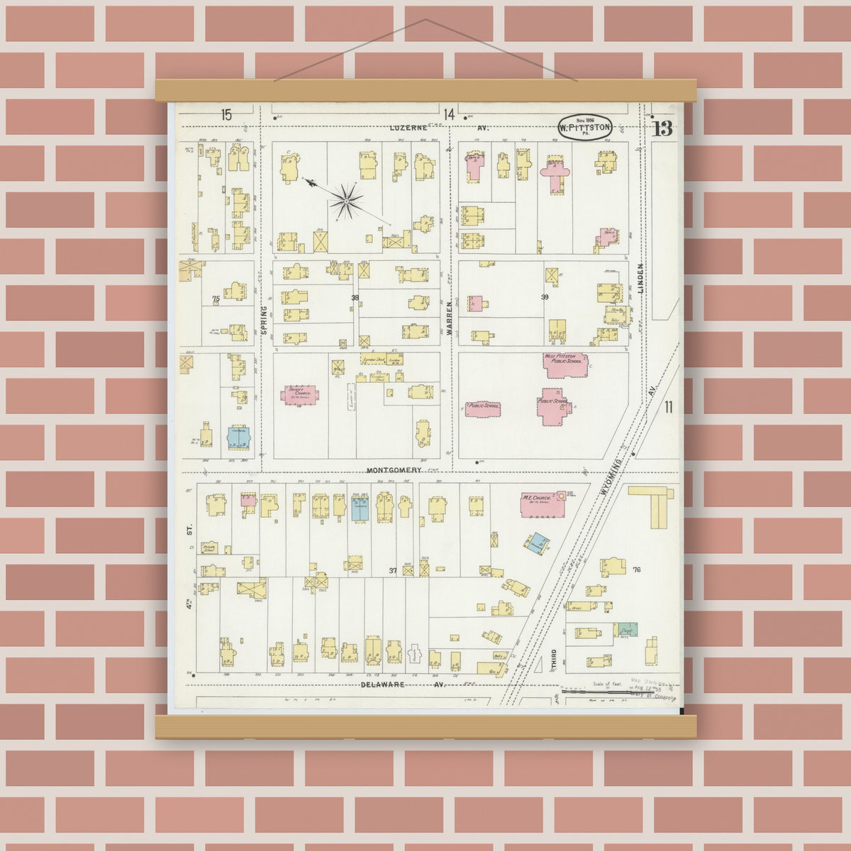 Old map wall art mockup — magnetic wood frame on brick wall — Sanborn Fire Insurance Map from Pittston, Luzerne County, Pennsylvania (1896), Sheet #0013