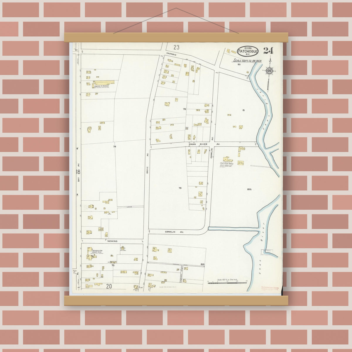 Old map wall art mockup — magnetic wood frame on brick wall — Sanborn Fire Insurance Map from Patchogue, Suffolk County, New York (1916), Sheet #0024
