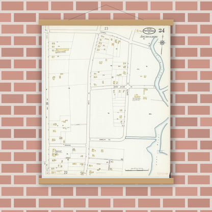 Old map wall art mockup — magnetic wood frame on brick wall — Sanborn Fire Insurance Map from Patchogue, Suffolk County, New York (1916), Sheet #0024
