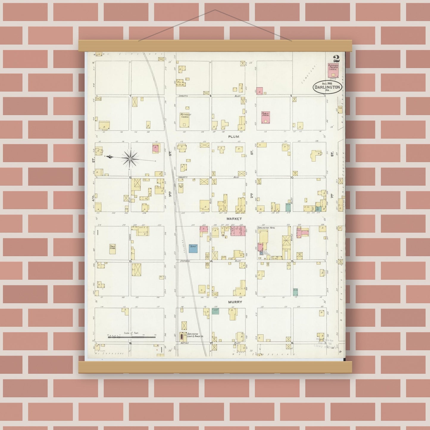 Old map wall art mockup — magnetic wood frame on brick wall — Sanborn Fire Insurance Map from Darlington, Beaver County, Pennsylvania (1906), Sheet #0002