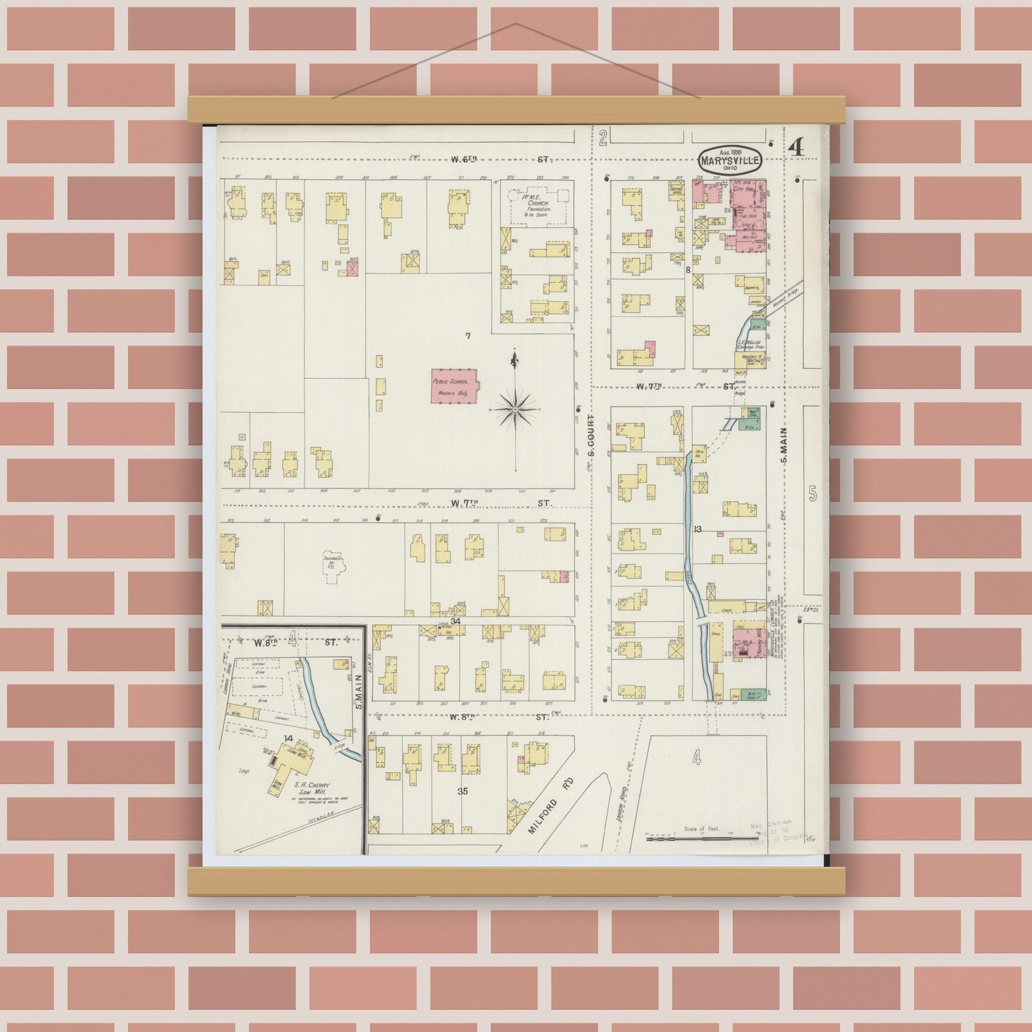 Old map wall art mockup — magnetic wood frame on brick wall — Sanborn Fire Insurance Map from Marysville, Union County, Ohio (1895), Sheet #0004