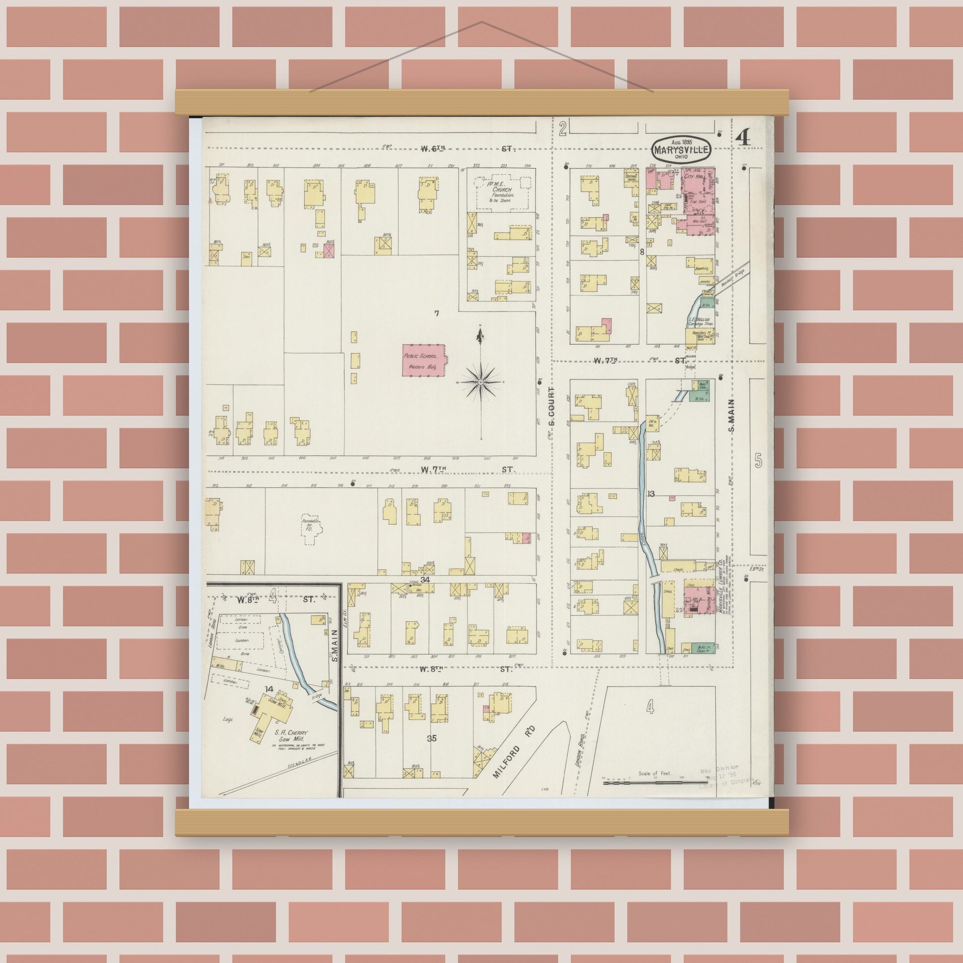 Old map wall art mockup — magnetic wood frame on brick wall — Sanborn Fire Insurance Map from Marysville, Union County, Ohio (1895), Sheet #0004