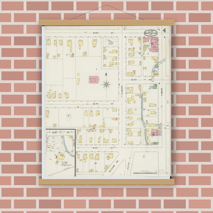 Old map wall art mockup — magnetic wood frame on brick wall — Sanborn Fire Insurance Map from Marysville, Union County, Ohio (1895), Sheet #0004