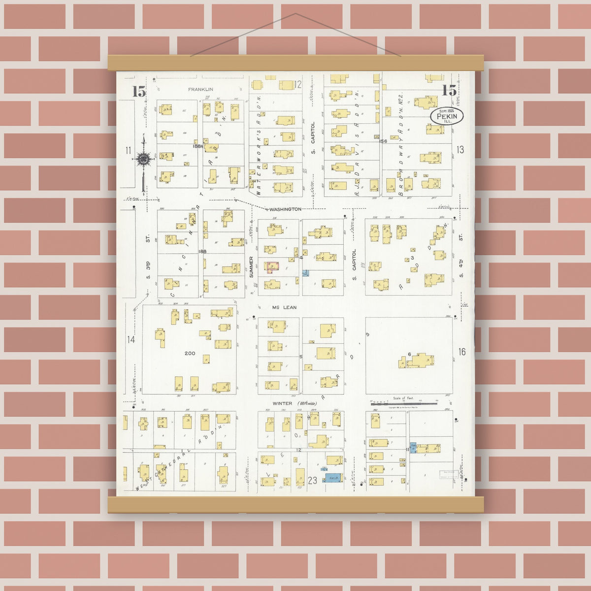 Old map wall art mockup — magnetic wood frame on brick wall — Sanborn Fire Insurance Map from Pekin, Tazewell County, Illinois (1925), Sheet #0015