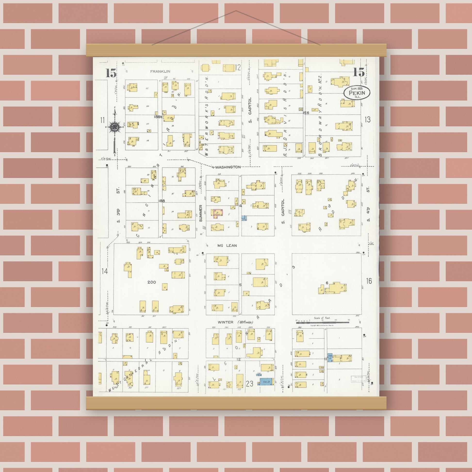 Old map wall art mockup — magnetic wood frame on brick wall — Sanborn Fire Insurance Map from Pekin, Tazewell County, Illinois (1925), Sheet #0015