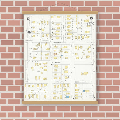 Old map wall art mockup — magnetic wood frame on brick wall — Sanborn Fire Insurance Map from Pekin, Tazewell County, Illinois (1925), Sheet #0015