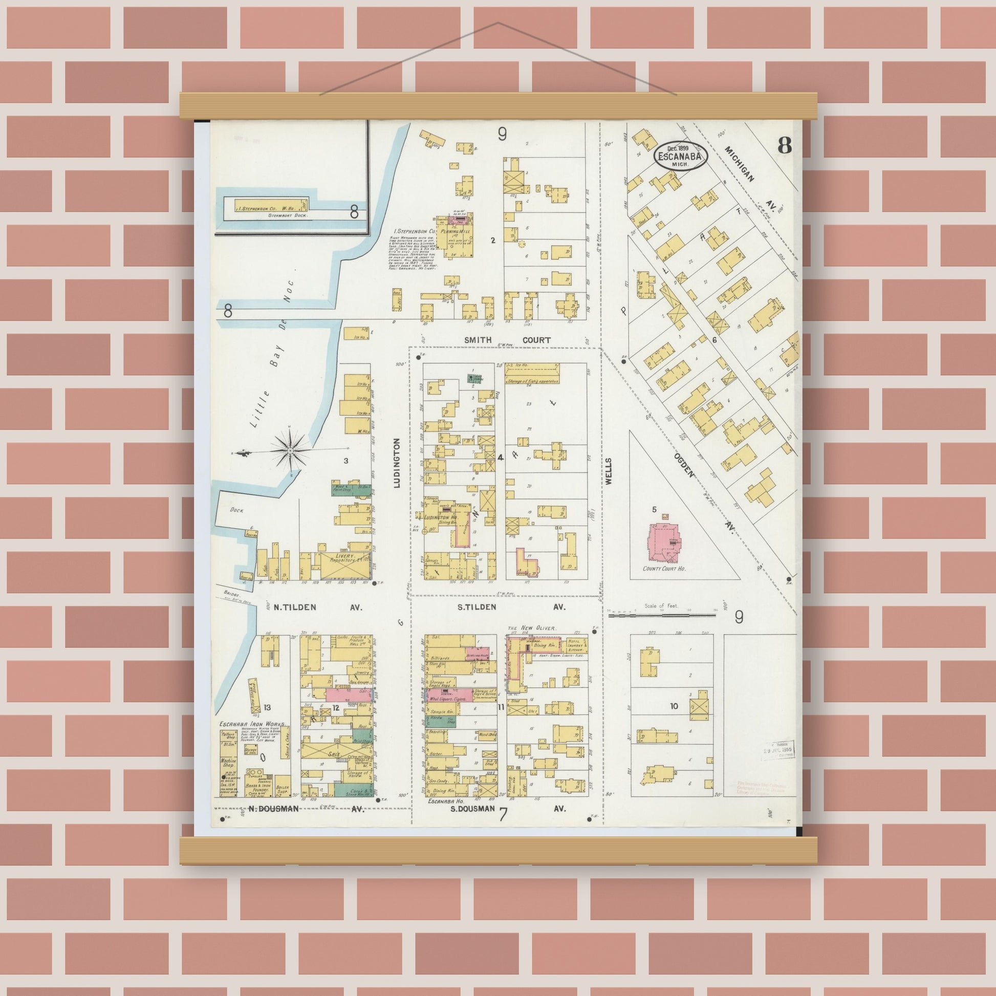 Old map wall art mockup — magnetic wood frame on brick wall — Sanborn Fire Insurance Map from Escanaba, Delta County, Michigan (1899), Sheet #0008