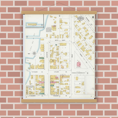 Old map wall art mockup — magnetic wood frame on brick wall — Sanborn Fire Insurance Map from Escanaba, Delta County, Michigan (1899), Sheet #0008