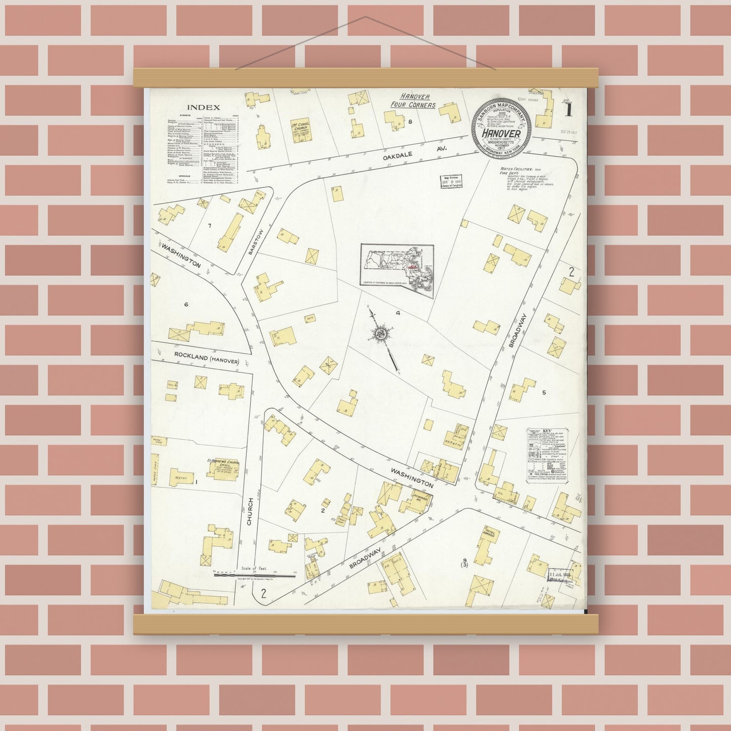Old map wall art mockup — magnetic wood frame on brick wall — Sanborn Fire Insurance Map from Hanover, Plymouth County, Massachusetts (1917) - Complete Map Set