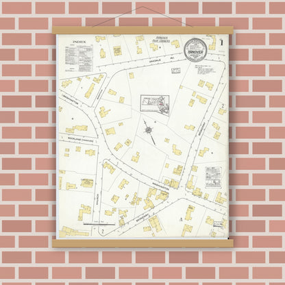 Old map wall art mockup — magnetic wood frame on brick wall — Sanborn Fire Insurance Map from Hanover, Plymouth County, Massachusetts (1917) - Complete Map Set