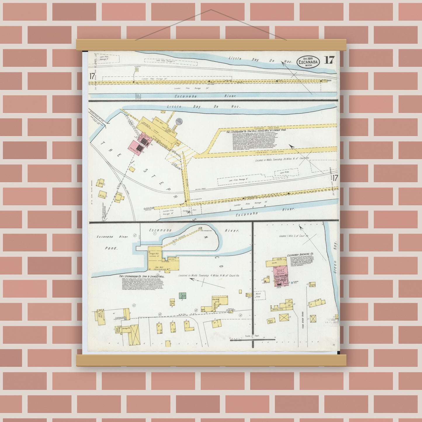 Old map wall art mockup — magnetic wood frame on brick wall — Sanborn Fire Insurance Map from Escanaba, Delta County, Michigan (1899), Sheet #0017