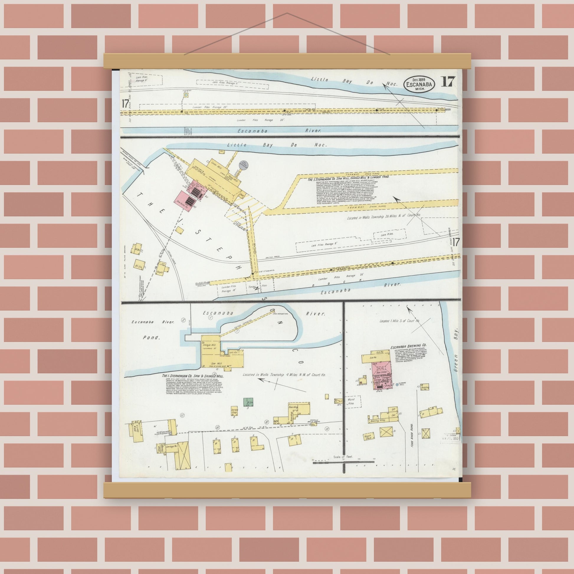Old map wall art mockup — magnetic wood frame on brick wall — Sanborn Fire Insurance Map from Escanaba, Delta County, Michigan (1899), Sheet #0017