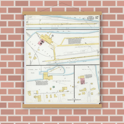Old map wall art mockup — magnetic wood frame on brick wall — Sanborn Fire Insurance Map from Escanaba, Delta County, Michigan (1899), Sheet #0017
